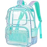 Sisipoet Clear Backpack for Girls, Heavy Duty PVC Transparent Bookbag for School, Funny Kids Backpacks with Mermaid Print, Blue
