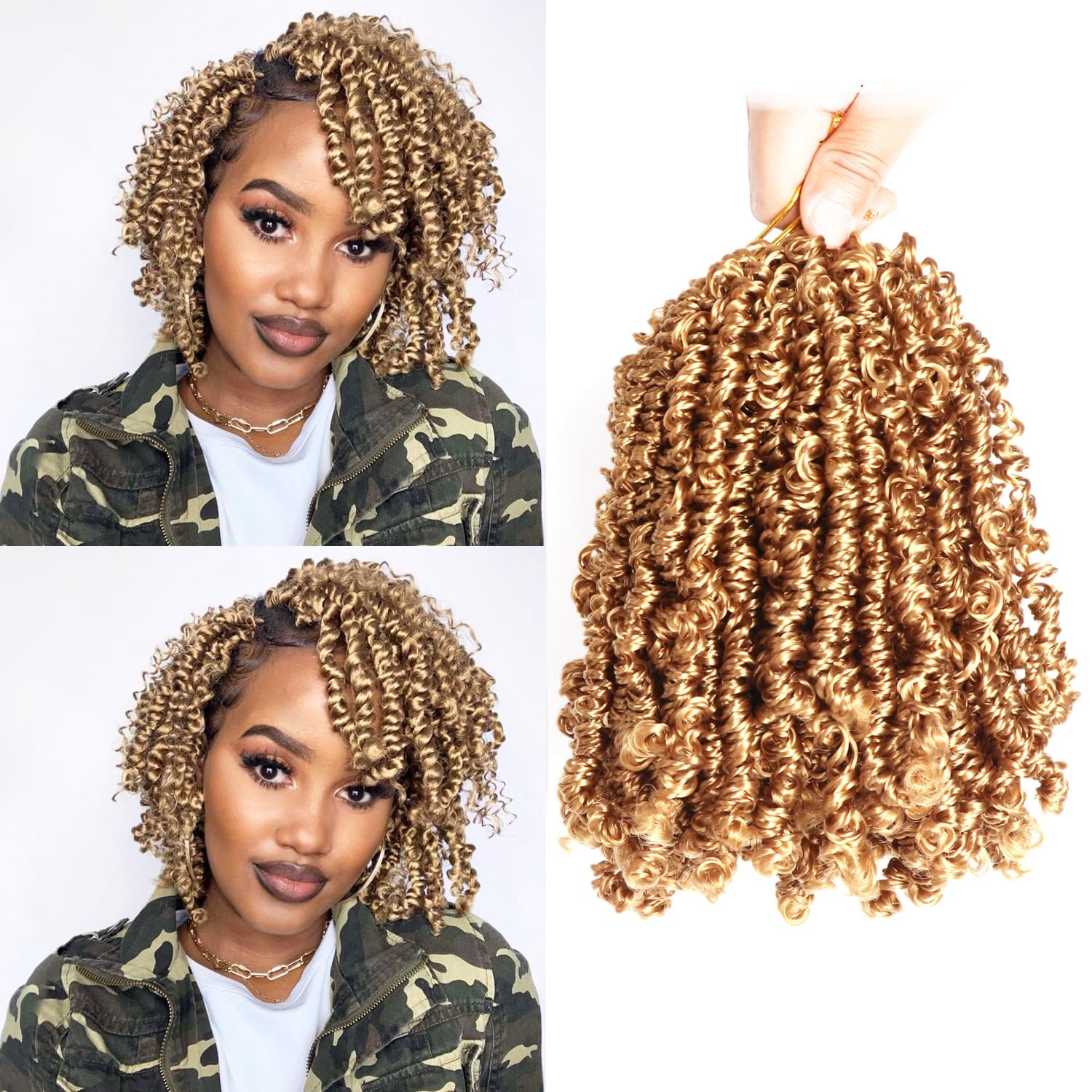 8-Inch Yanky Pre-twisted Spring Twist Crochet Braiding Hair - Fluffy Curly Passion Twist Short Braids (27#, Pack of 8) — image 1