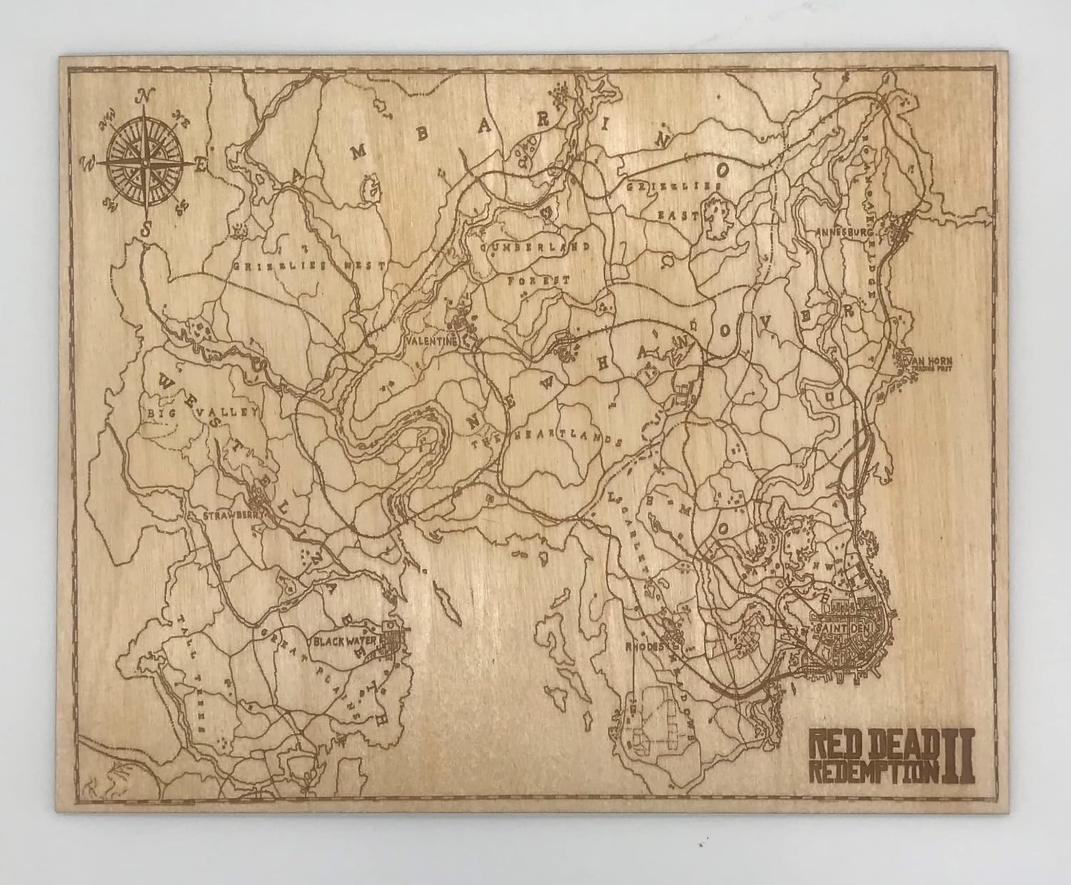 Mixed Media - Engraved Map of RDR 2 on Baltic Birch, 8x10 inch