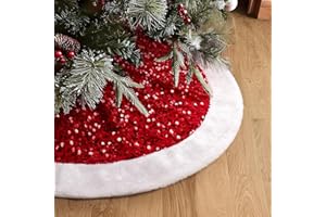 USILAND Christmas Tree Skirt, 24 Inches, Sparkling Red Sequin with White Faux Fur, for Xmas Holiday Home Decorations Christmas Decor (24 Inches)