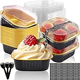 BZIDII 10oz Mini Cake Pans With Lids 50 Pack Aluminum Foil Square Brownie Baking Cups,Disposable Loaf Pans With Lids and Spoons Stickers,Large Cupcake Pans Muffin Tins Cake Container(Black)