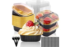 BZIDII Mini Cake Pans with Lids,50 Pack 10oz Mini Loaf Pans with Lids and Spoon Sticker,Disposable Aluminum Square Cake Conta