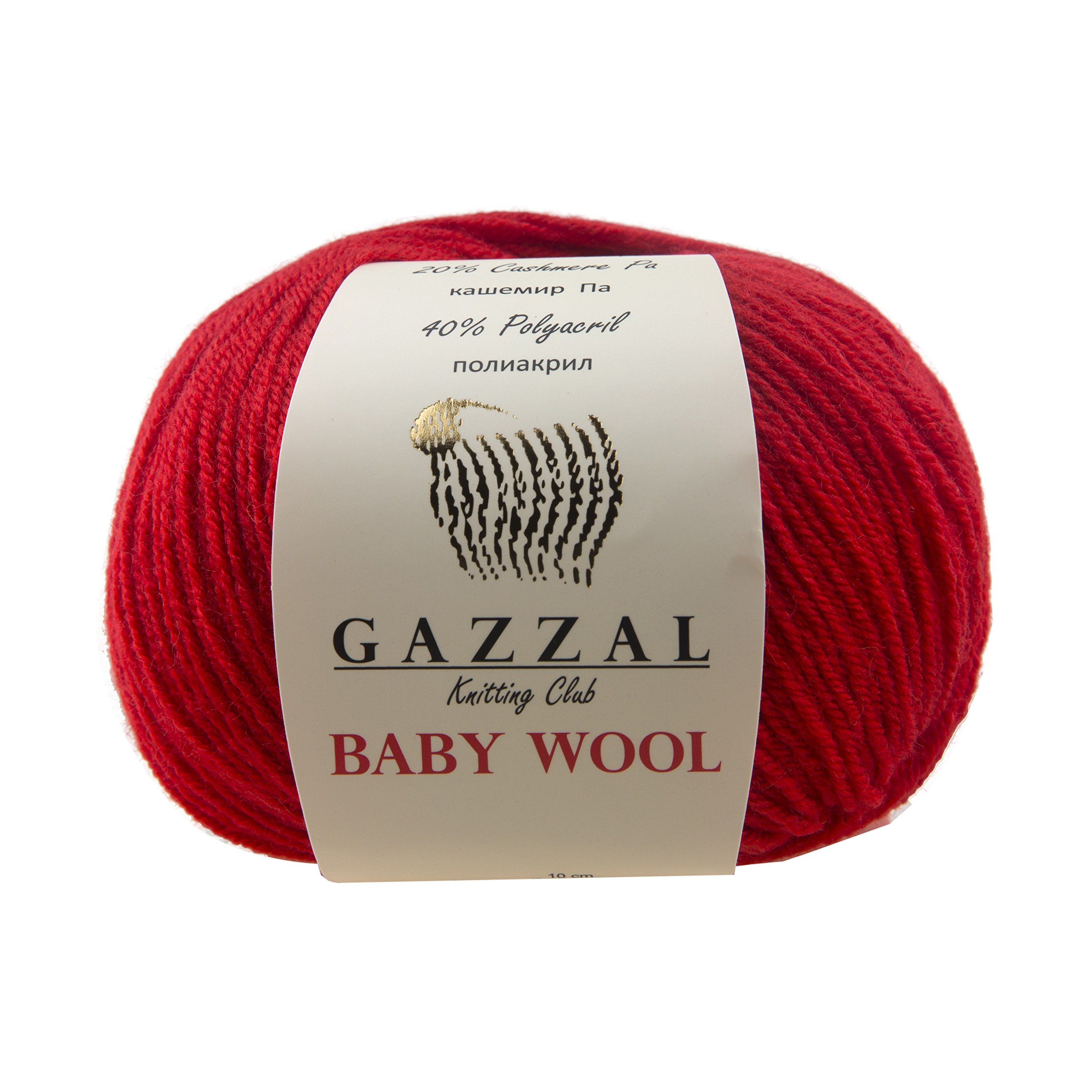 5 Pack - Gazzal Baby Wool 1.76 Oz (50g) / 218 Yards (200m) Fine Baby Yarn, 40% Lana Merino, 20% Cashmere Type Polyamide; (Red - 811)