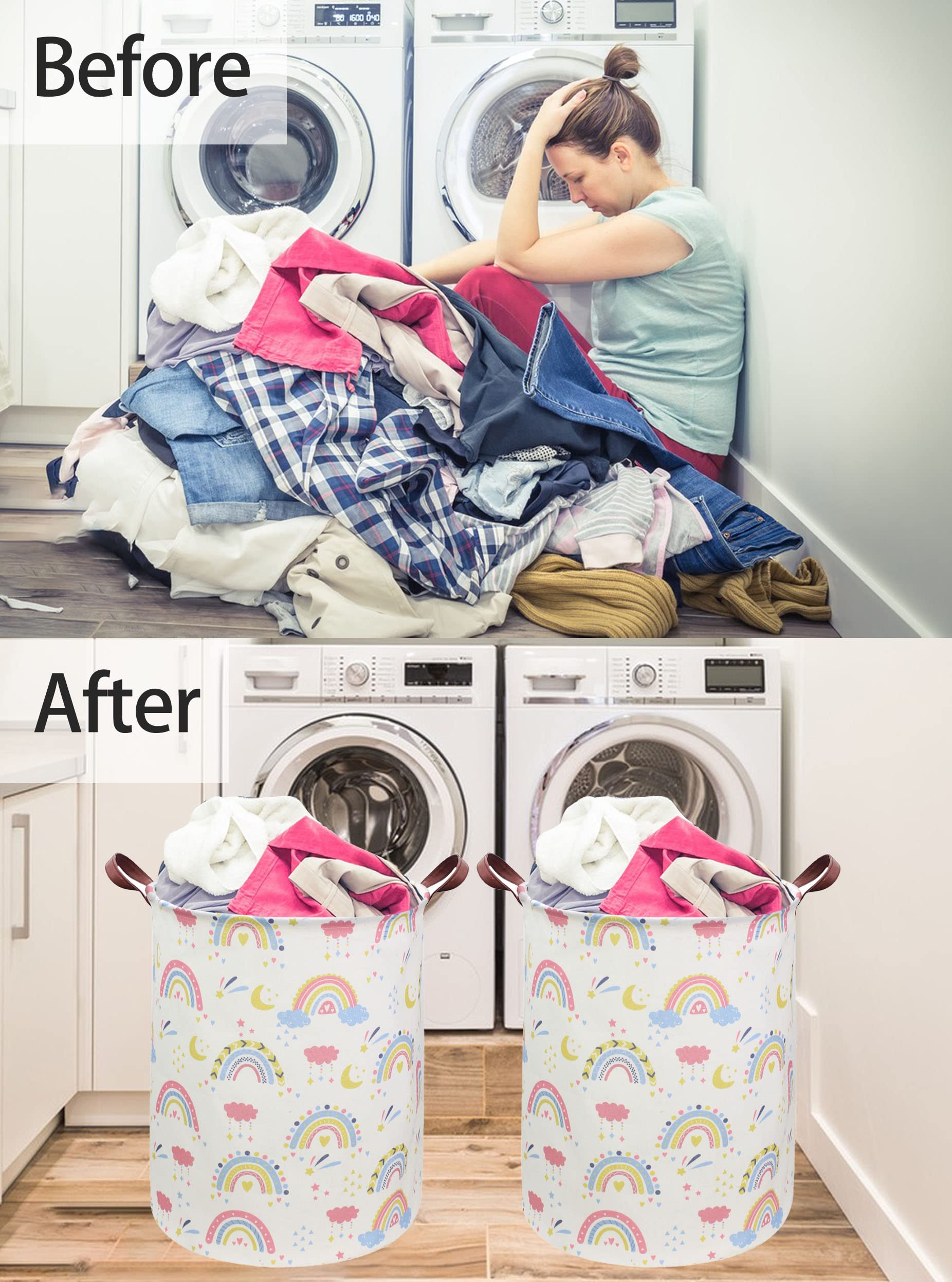 ESSME Rainbow laundry basket,Collapsible Kids Laundry Hamper with Waterproof PE Coating,Girls Hamper Nursery Hamper for Girls Room Decor,Toy storage,Gift Basket.(Rainbow)