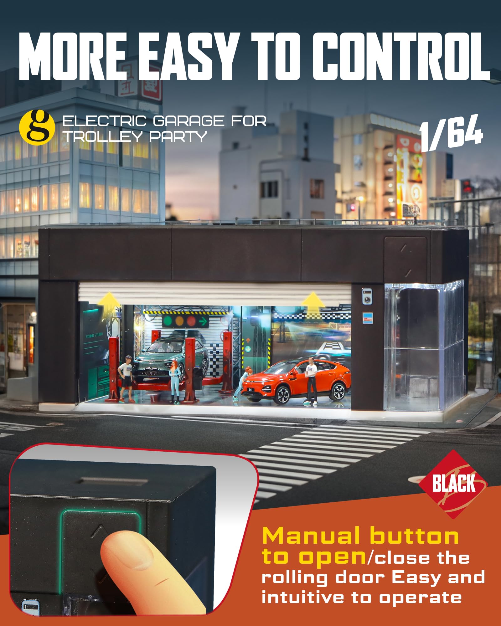 1/64 Scale Diecast Display Case for Hot Wheel Storage with LED Lights, Stackable Electric Garage with Voice Control, 3 Replaceable 3D Scenes Parking Lot Diorama for Model Cars (Black)