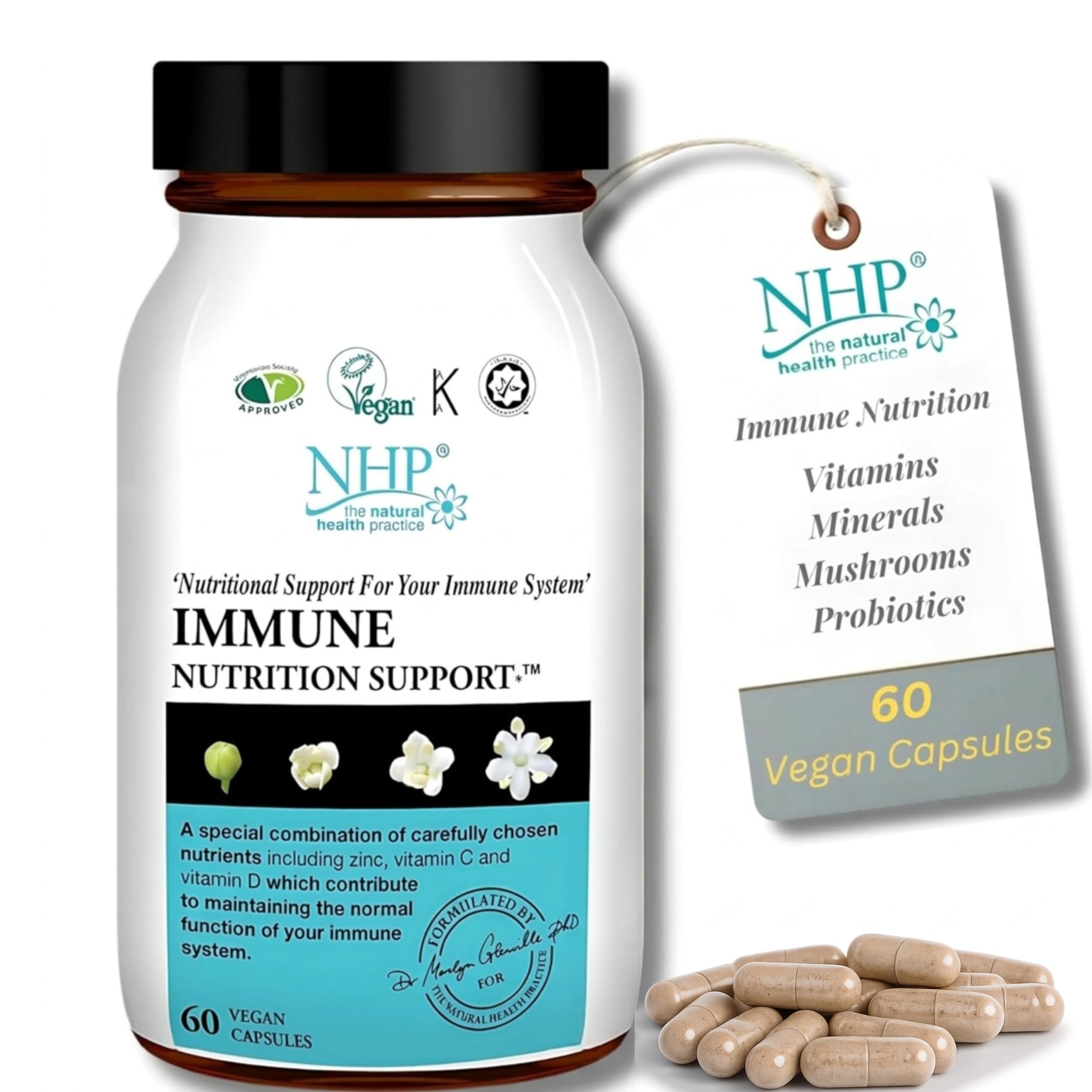 NHP Immune Support Supplement 60 Capsules – Vegan Formula with Elderberry, Mushroom Complex, Probiotics, Vitamin D3 & Zinc – Daily Immune Booster for Natural Defense & Gut Health