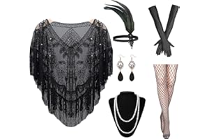 GOHOY 1920s Women’s Shawl Wraps Sequin,Roaring 20s Accessories Women Feather Headpiece Necklace Earrings Long Gloves