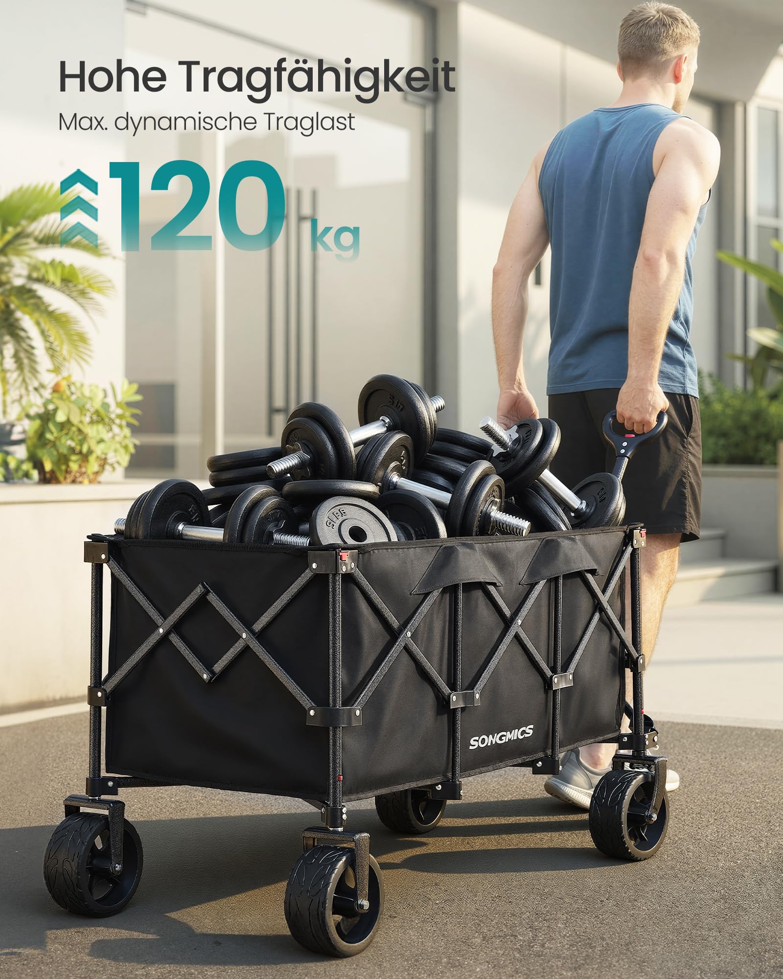 SONGMICS Handwagen faltbar, Bollerwagen, Gartenwagen, Campingwagen mit Griff, 4 abnehmbaren Rollen, Outdoor, Garten, 200 L, bis 150 kg belastbar, tintenschwarz GFW200B101 3