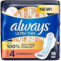 Always Ultra Thin Feminine Pads with Wings for Women, Size 4, Overnight Absorbency, Unscented, Up to 100% Leak-Free Comfort, 