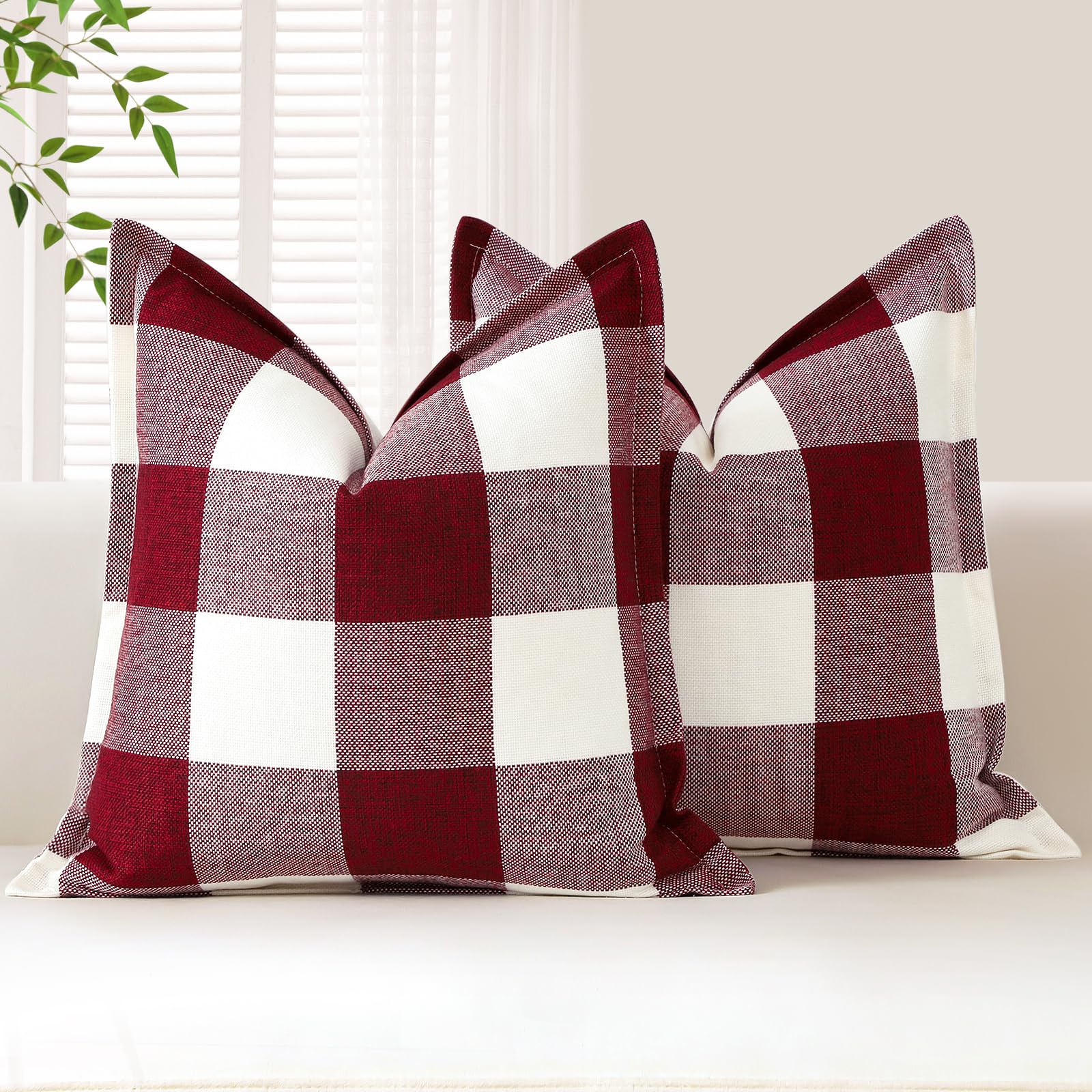Sungeek Buffalo Check Plaid Cushion Covers 45 x 45 Set of 2 Linen Christmas Tartan Decorative Square Pillow Covers with Stitched Edge for Sofa Couch Bed Living Room 18x18 Inch (White and Red)