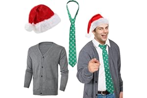 Suhine 3 Pcs Christmas Men 1980s Movie Costume Cardigan Sweater Christmas Tie Santa Hat for Adults Xmas Holiday Party