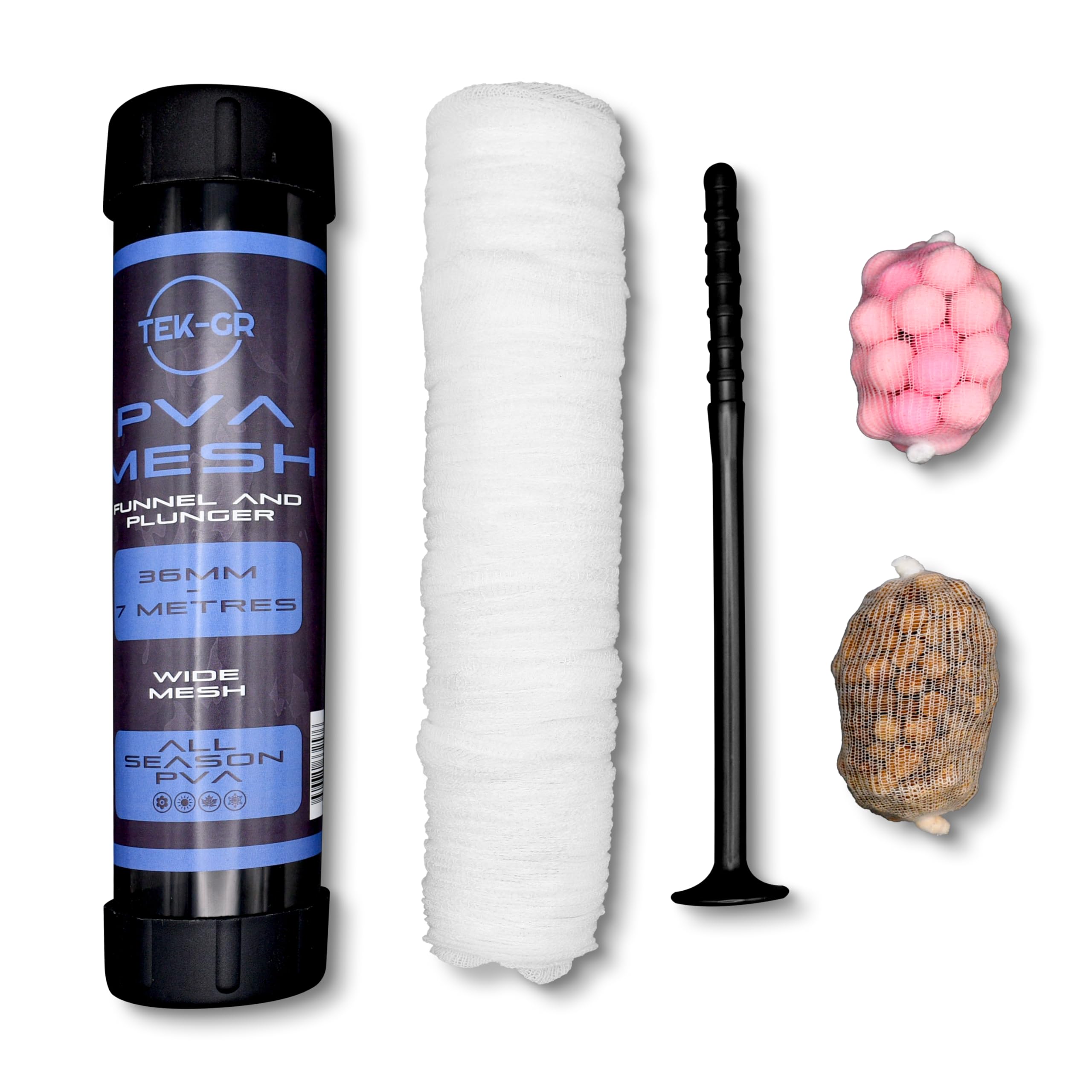 Tek-Gr 7M x 36MM Pva Mesh Kit Wide Pva Mesh Carp Fishing Accessories with Funnel & Plunger System, All Season Pva Mesh Bag -7 Metres