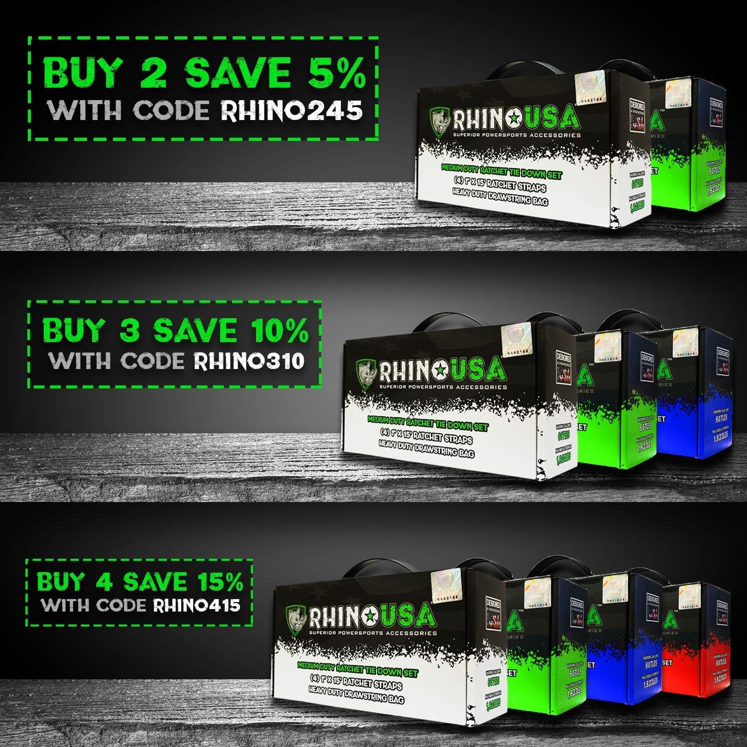 Rhino USA Ratchet Straps Heavy Duty Tie Down Set, 5,208 Break Strength - (4) Heavy Duty 1.6" x 8' Cargo Tiedowns with Padded Handles & Coated Chromoly S Hooks + (4) Soft Loop Tie Downs Strap (Black): Automotive