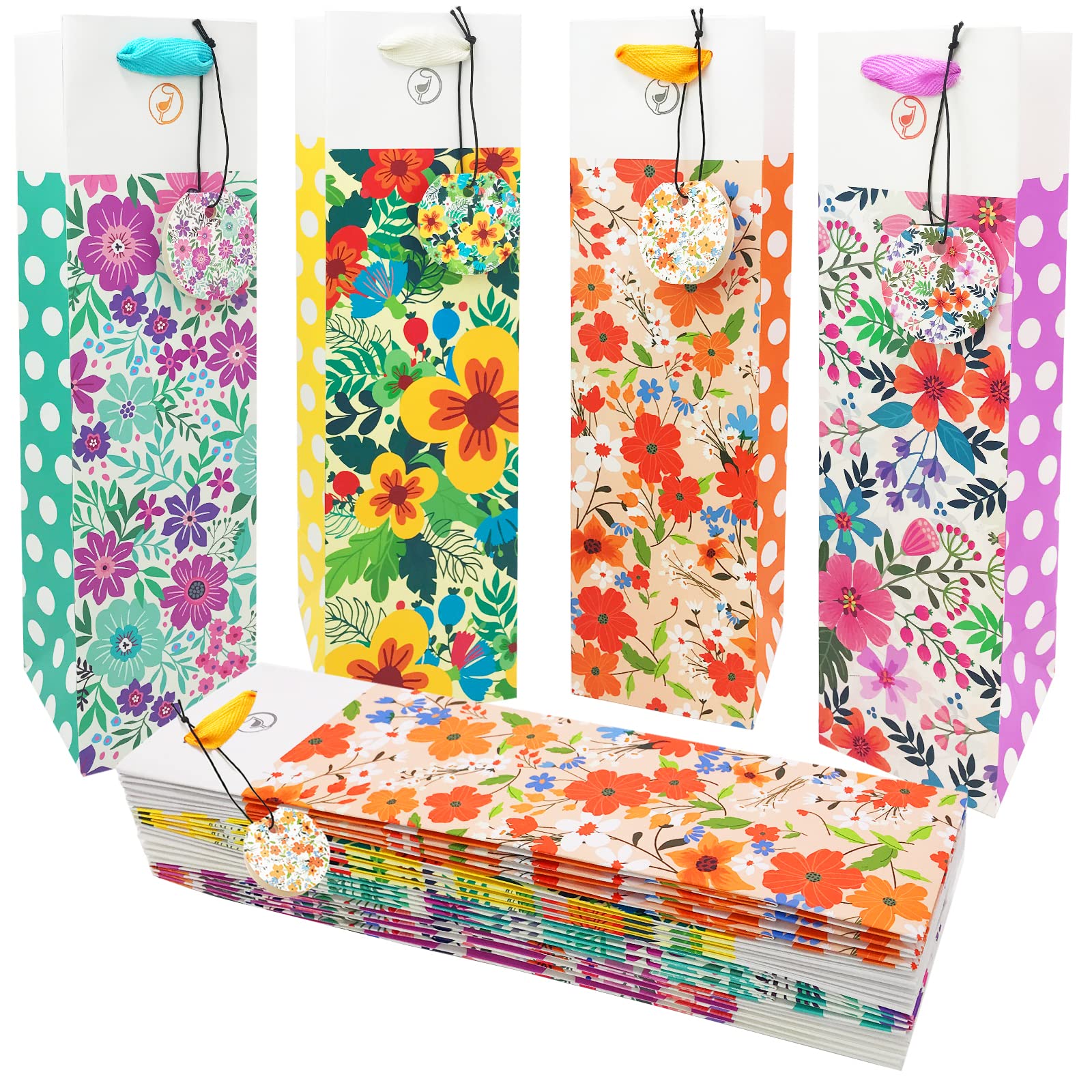 Anzon Mories Polka Dot Floral Wine Gift Bags with Handle and Tags 12-Packs, 4 Designs Paper Single Bottle Carry Bag Bulk, 13.4" x 3.9" x 3.9" for Christmas, Birthday, Anniversary, Wedding, Xmas, Santa