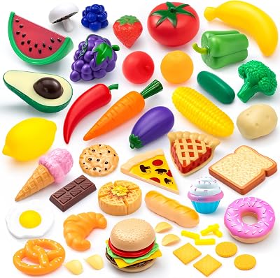 JOYIN 50 pcs Play Food Set Kids Toy Kitchen Accessories Fruits Vegetables