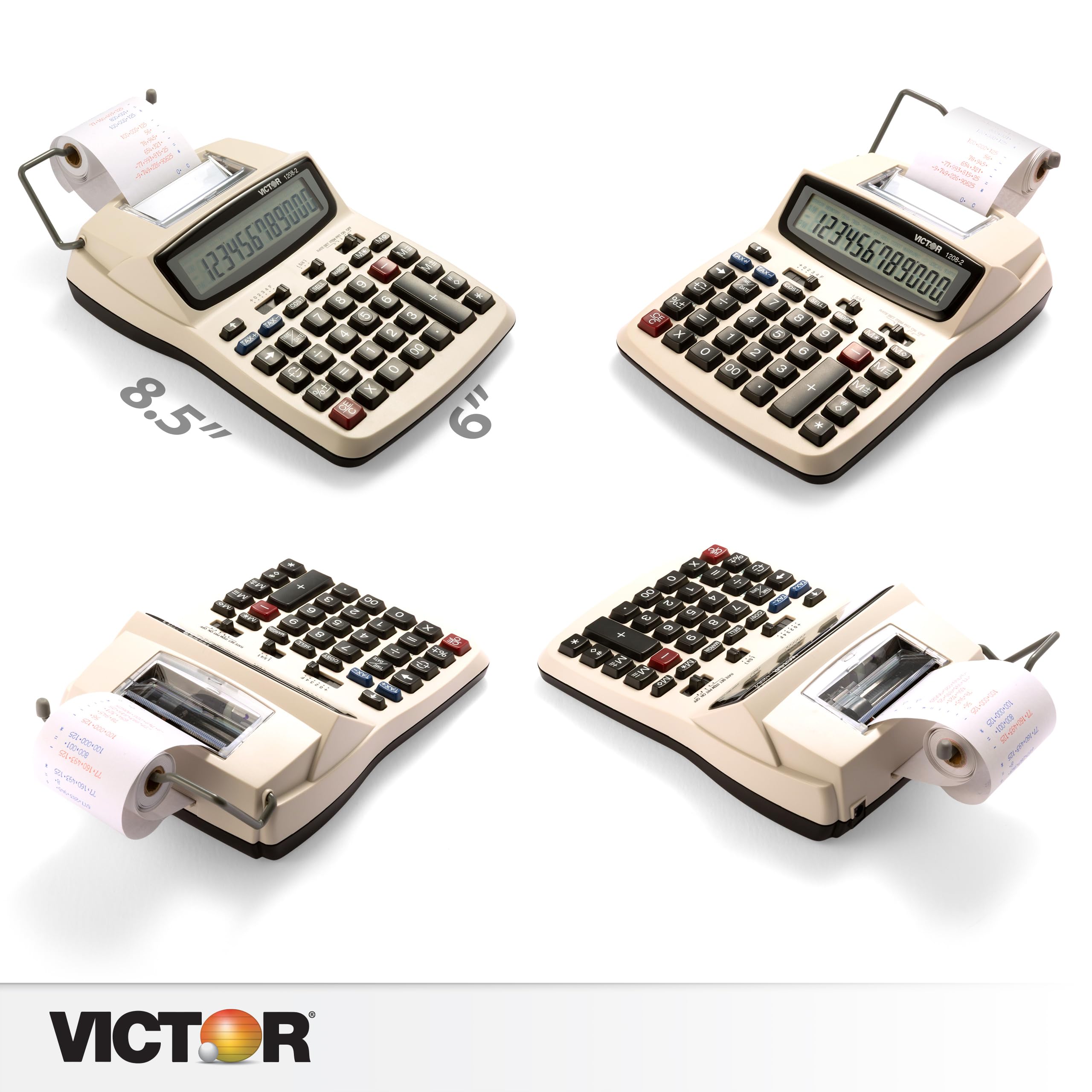 Victor Printing Calculator, 1208-2 Compact and Reliable Adding Machine with 12 Digit LCD Display, Battery or AC Powered, Includes Adapter,White