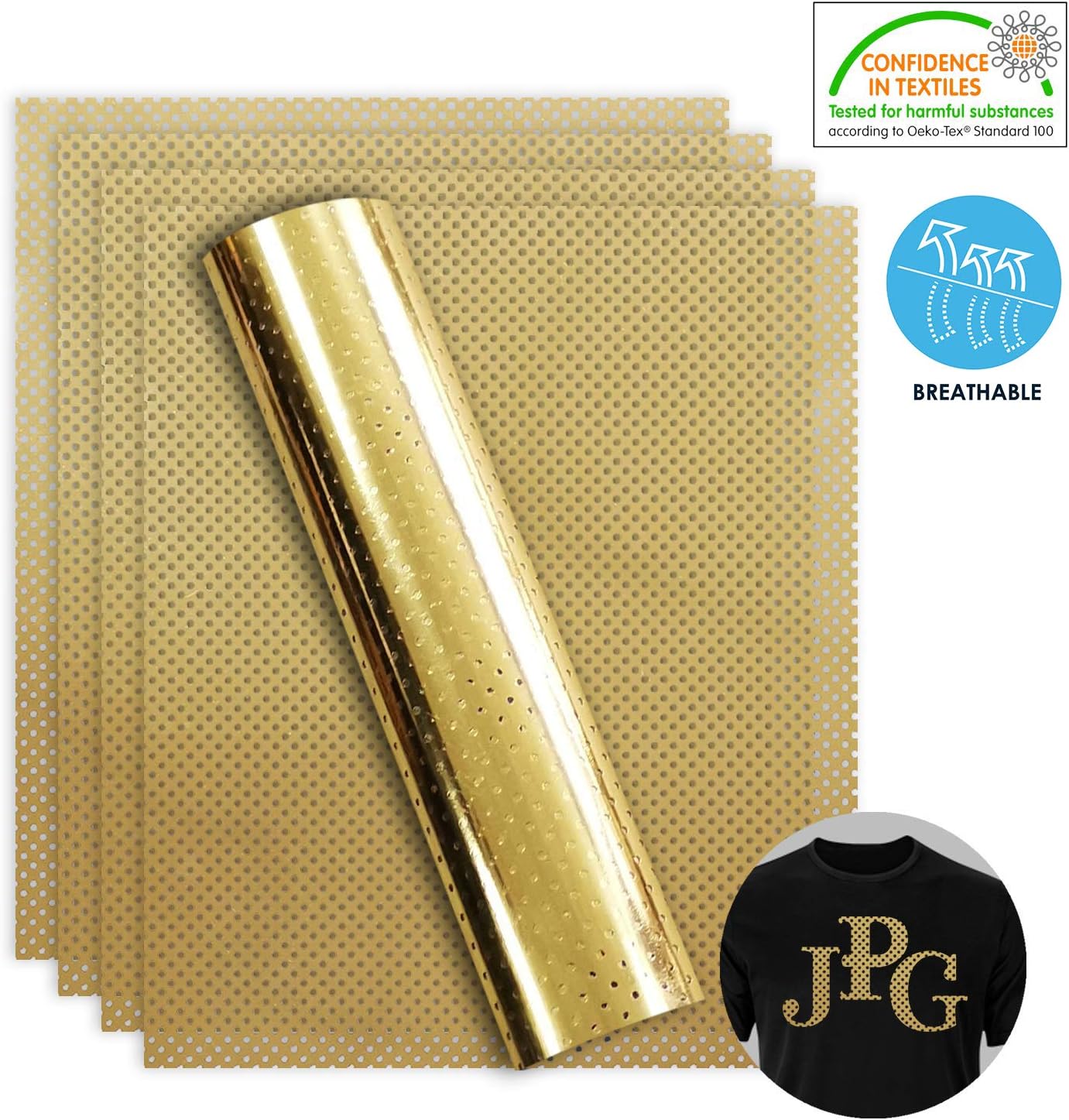 Stretchable Metallic Heat Transfer Vinyl Gold Polka Pattern Dots Foil, Breathable Iron On HTV Bundle for DIY Your Own Clothes, 12x10 Inch, Pack of 5 Sheets, Eco-Friendly