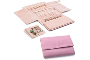 Becko US Jewelry Organizer Roll Travel Jewel Bag case for Multiple Necklaces, Rings, Bracelets, Supple Leather & Suede, Large Capacity Without Crease, Lightweight, Portable & Practical (Pink)