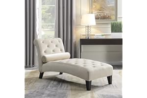 BELLEZE Modern Chaise Lounge Chair Indoor, Leisure Chaise Lounge Sofa Upholstered Couch, Button Tufted Back Seat with Matching Accent Pillow, and Hardwood Legs - Beige