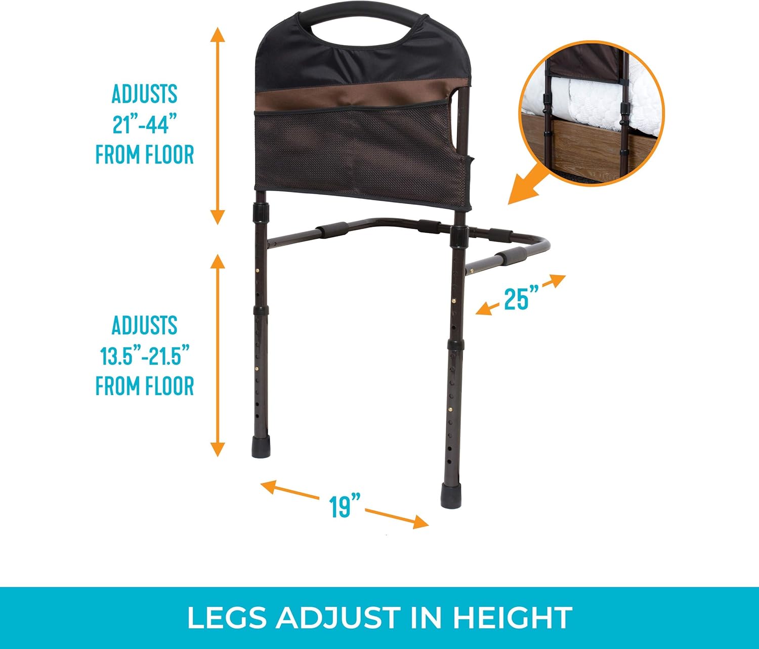 Stander Stable Rail, Bed Assist Rail for Elderly Adults, Senior Bed Handle with Adjustable Legs and Organizer Pouch: Health & Personal Care