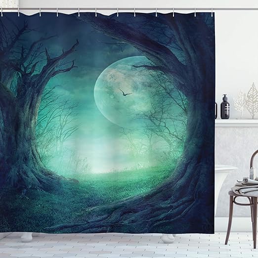 Amazon Com Ambesonne Gothic Shower Curtain Misty Horror Image Of Autumn Valley With Woods Spooky Tree And Full Moon Scenery Cloth Fabric Bathroom Decor Set With Hooks 70 Long Navy Green Home