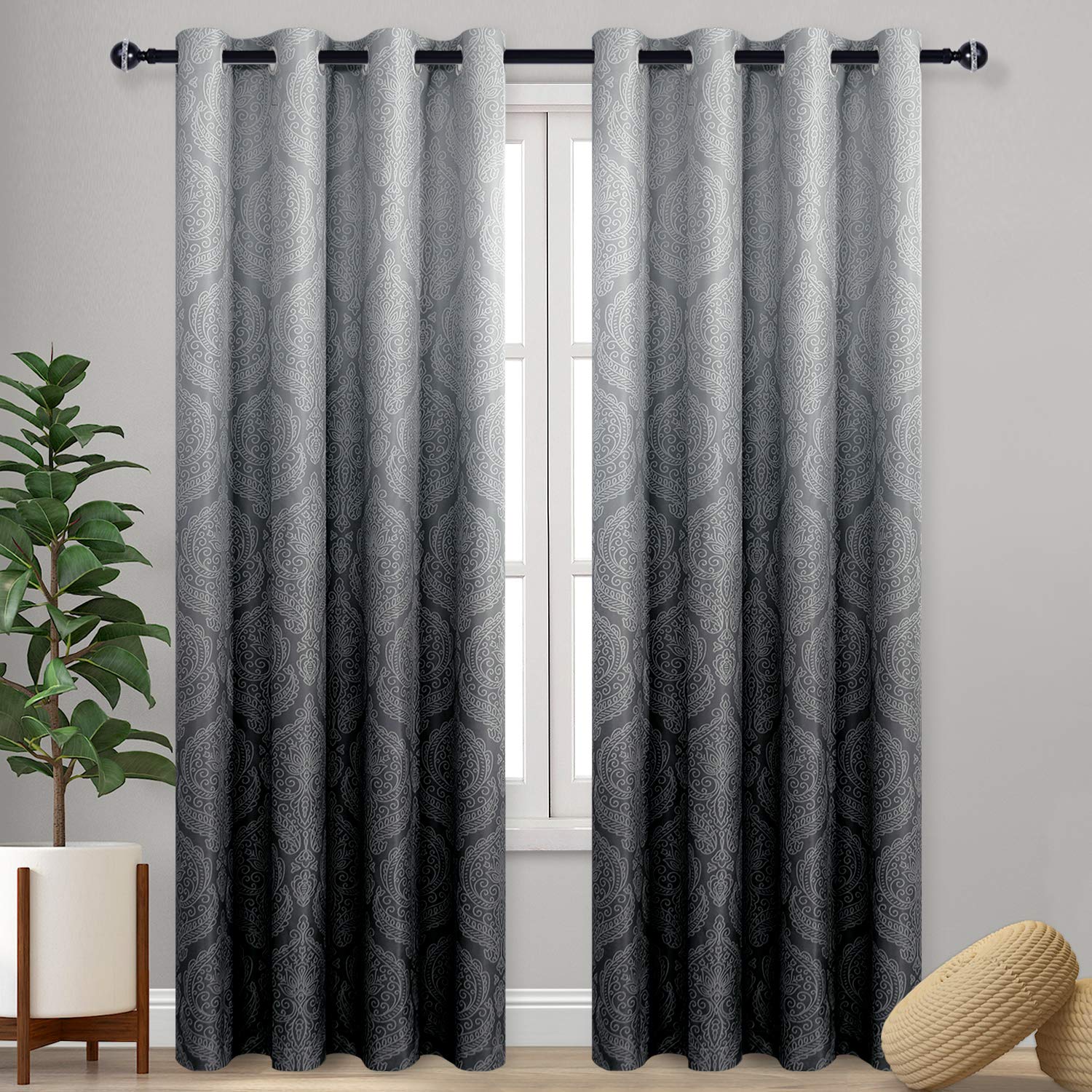 DWCN Ombre Blackout Curtains for Bedroom - Damask Patterned Thermal Insulated Energy Saving Grommet Curtains for Living Room, Set of 2 Gradient Window Curtain Panels, 52 x 96 Inches Long, Black Image