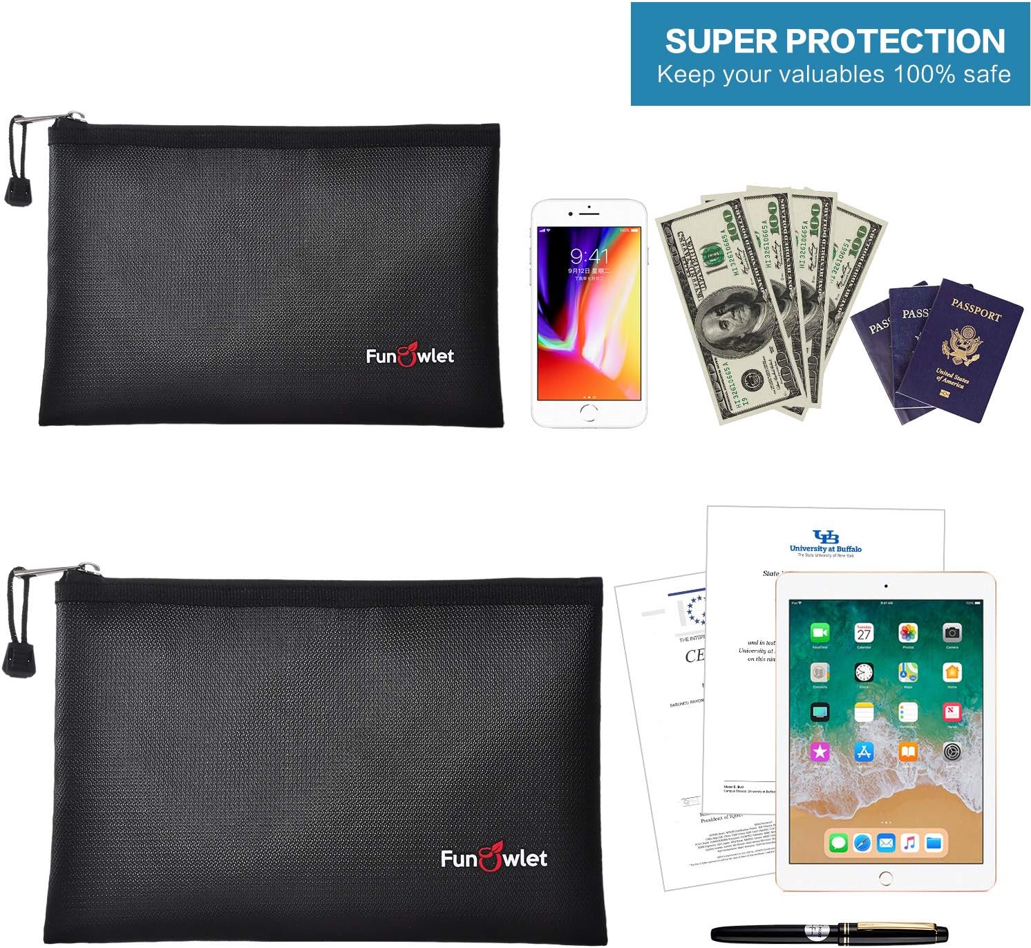 Fireproof Safe Money Document Bags - 2 Pack 13.4" x 9.8" and 10.6" x 6.7" Waterproof Zipper Bag, Fire & Water Resistant Storage Organizer Pouch for A4 A5 Documents Holder,File,Cash,Passport,Tablet: Office Products