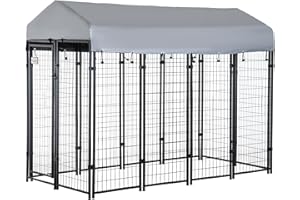 PawHut Outdoor Dog Kennel with Roof, 8' x 4' x 6' Heavy Duty Welded Wire Dog Playpen Enclosure with Escape-Proof Lock, UV-Resistant & Waterproof Cover, for Medium Dogs, Chickens, Ducks, Silver