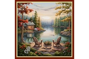 Findvoor Stamped Cross Stitch Kits for Beginners Full Range of Cross Stitching Embroidery Pattern for Kids or Adults, 11CT DIY Needlepoint Embroidery Starter Kits-Rest Lake 17.7x17.7 inch
