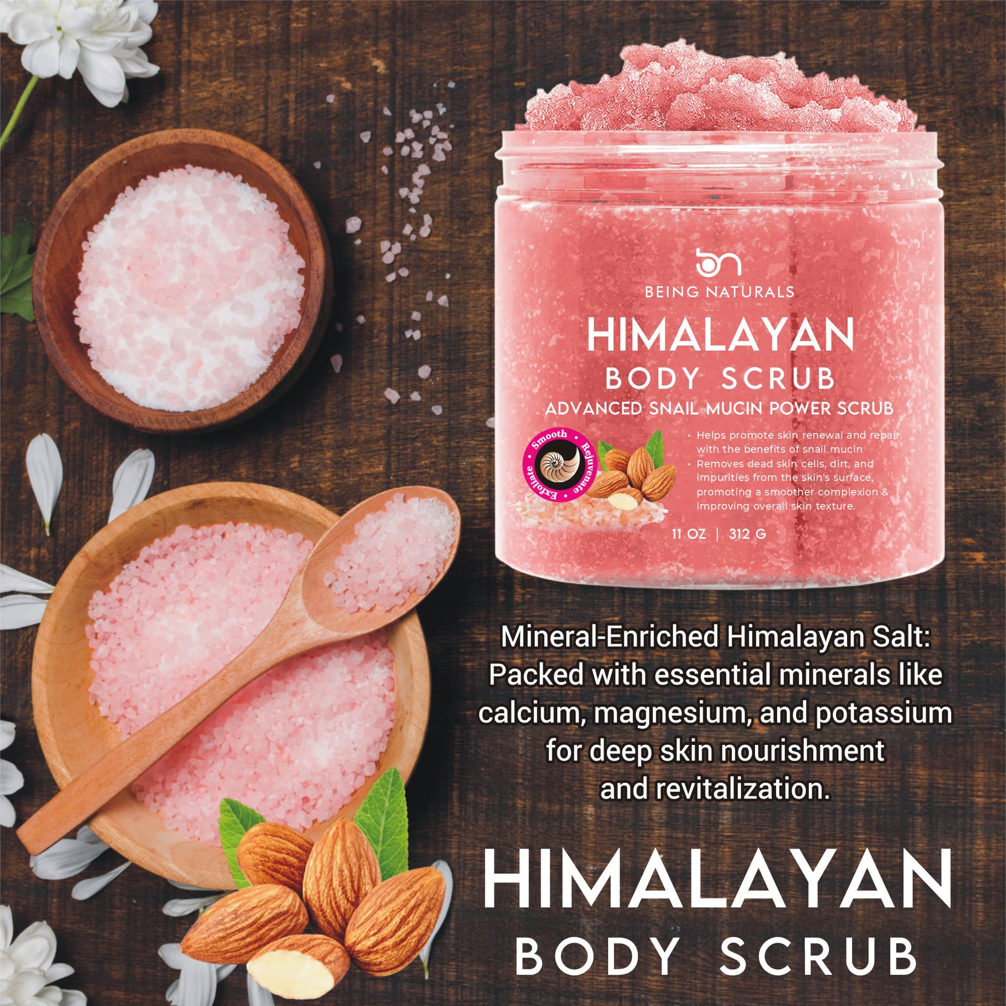 Natural Himalayan Salt Body Scrub - with Lychee Oil and Snail Mucin, Exfoliating Salt Scrub to Exfoliate & Moisturize Skin, Deep Cleansing - 11 oz