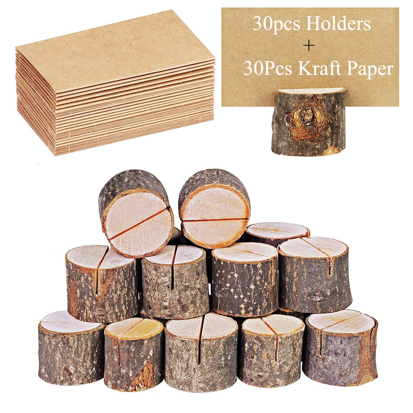 30Pcs Rustic Wooden Table Number Holders and Place Cards, Real Wood with Pine Bark, Photo Picture Holders