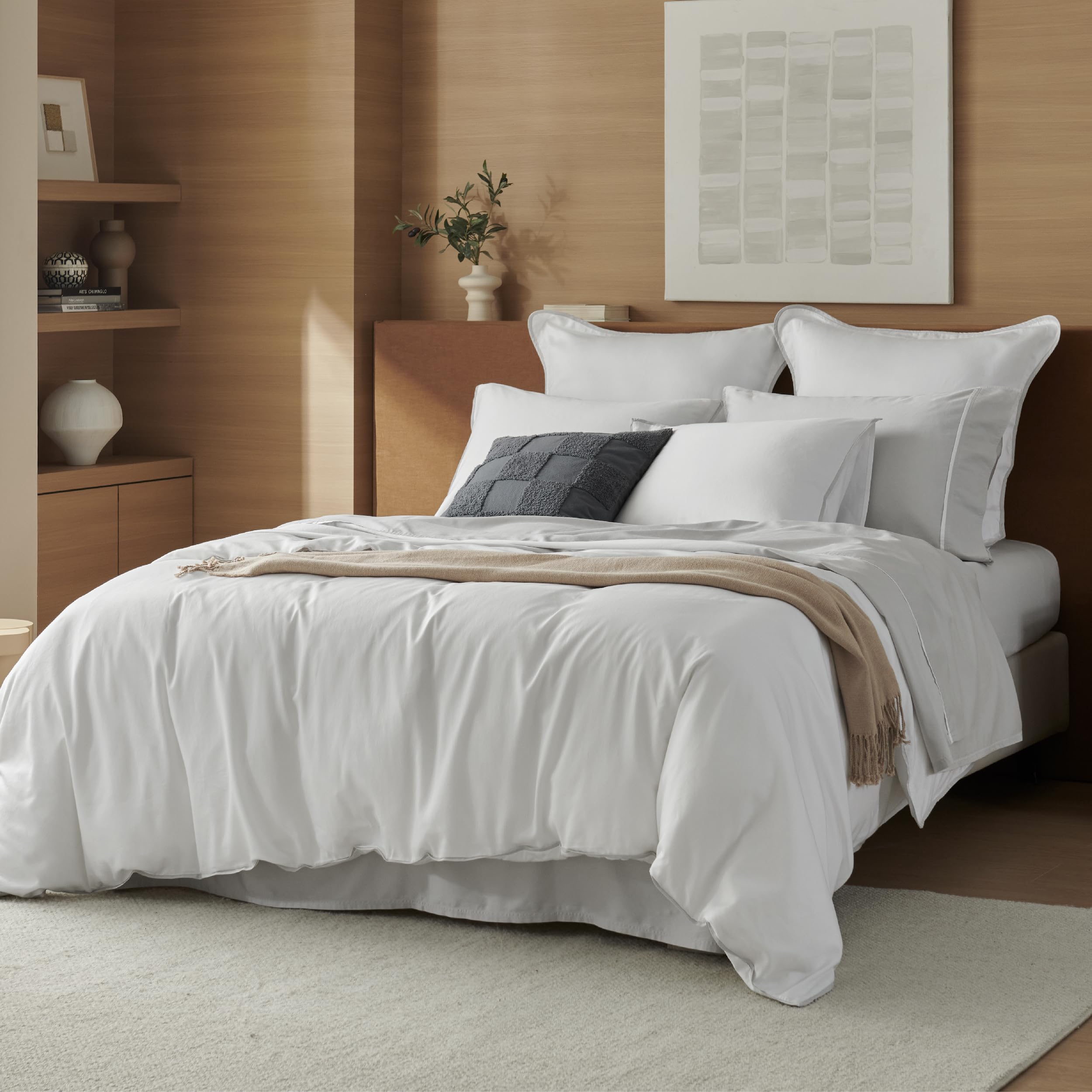 Photo 1 of Double Stitch Cotton Tencel Duvet Cover - King Size Comforter Cover, Luxury & Soft Eucalyptus Lyocell Bedding for Hot Sleepers, Cooling & Breathable, Button Closure, Bright White Contrast, 106"x90"