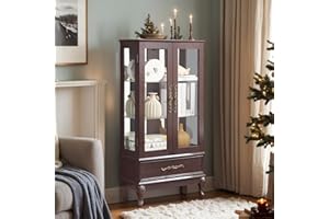 Eyisean Glass Display Cabinet, 52" H Curio Cabinet with Adjustable Shelves and Mirrored Back Panel, China Cabinet with Light Bulb inclued, Rack for Living Room Storage (Dark Cherry)