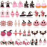 MARFOREVER 40 Pcs/20 Pairs Pink Halloween Charms for Jewelry Making | Assorted Enamel Halloween Pendants, Pumpkin Ghost Skull Witch Charm, Bracelet Necklace Earring Crafting, DIY Gift Accessories