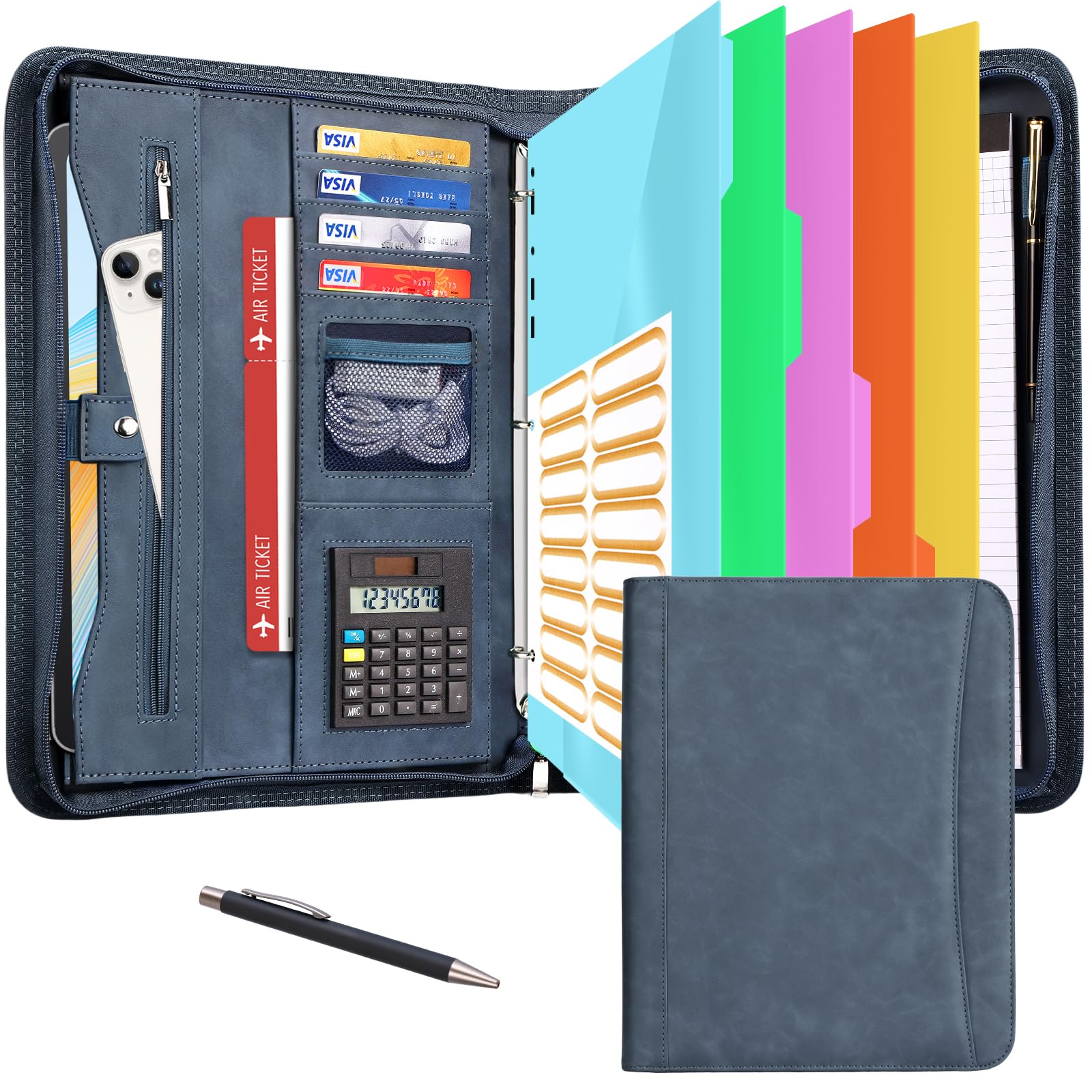 Eshow Portfolio Organizer - 3 Ring Binder with Zipper, Vegan Leather Business Padfolio Folder with Notepad Includes 5 Color Sheet Protectors for Documents Files for Men Women Image