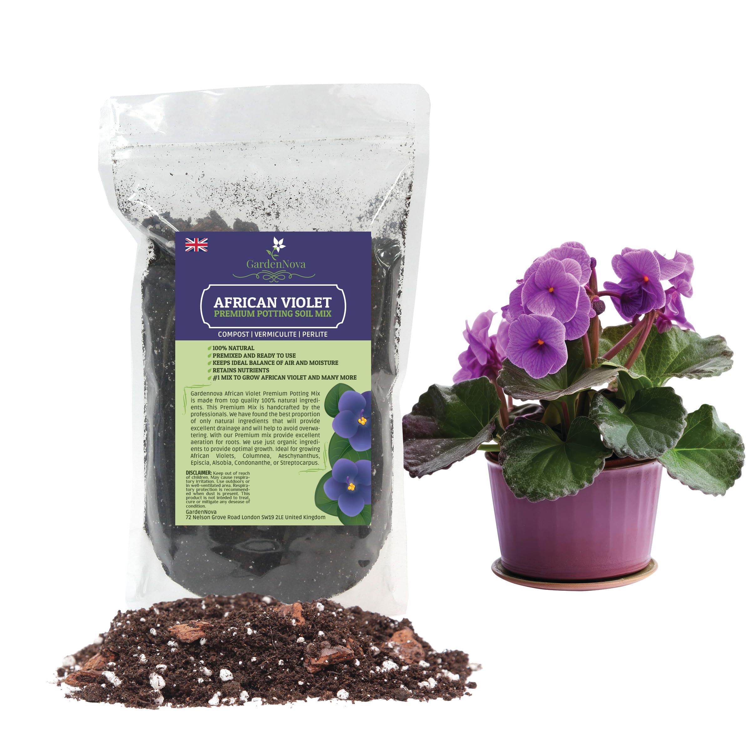PREMIUM African Violets and Gesneriad Premium Soil Mix by GardenNova - Horticultural Perlite (25%) + Vermiculite (25%) + Premium Compost (50%) - Made in UK - (5 Liters Bag)