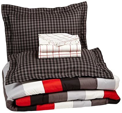 AmazonBasics 7-Piece Bedsheet Set - Full/Queen, Simple Stripe (Includes 1 bedsheet, 1 Comforter, 4 Pillowcases, 1 Fitted Sheet, Red)