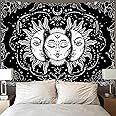 Hihealer Sun Moon Tapestry Wall Hanging Stars Space Psychedelic Black And White Wall Tapestry For Bedroom Home Wall Décor (51.2x59.1 Inches, 130x150 Cm
