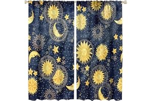 ZHANGWUQIANG123 Boho Sun Moon Window Curtains, Golden Sun Moon Stars Starlight Celestial Bodies Print Rod Pocket Thermal Insulated Blackout Drapes, for Living Room Bedroom 21(W)*45(L) 2 Panels