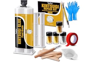Kintsugi Repair Kit - Food-Safe Kintsugi Ceramic Glue 50ml with 4 Color Mica Powders (Gold & Silver) | Repairs Ceramics, Porc