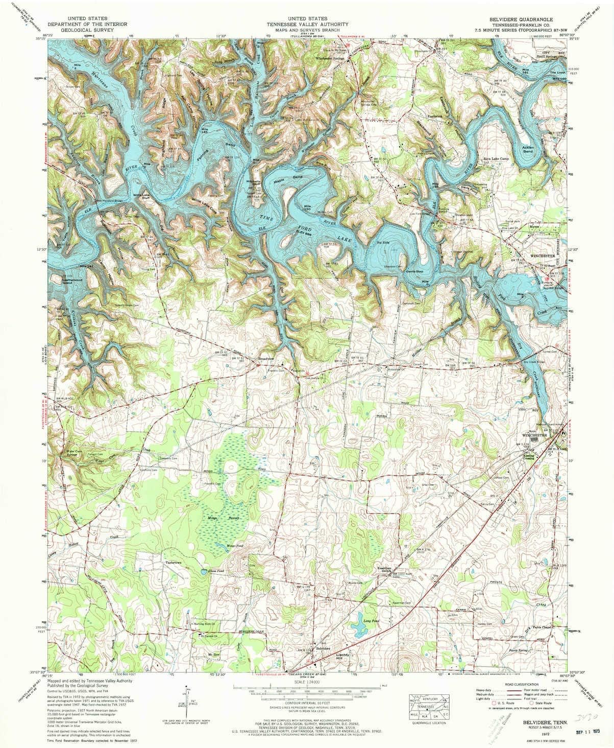 YellowMaps Belvidere TN topo map, 1:24000 Scale, 7.5 X 7.5 Minute, Historical, 1972, Updated 1973, 27.5 x 22 in