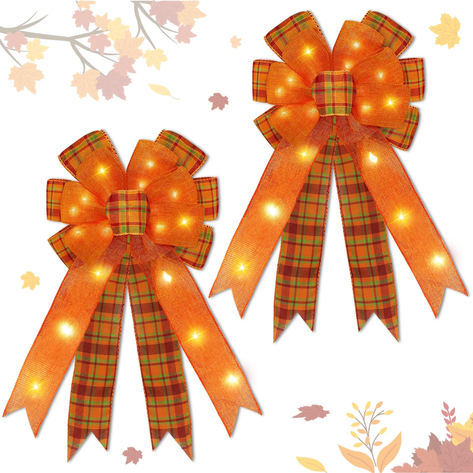 Photo 1 of [ 2 Pack & Timer ] Prelit Fall Wreath Bows with 40 LED Lights Total, 18 Inch Orange Buffalo Burlap Plaid Bows for Wreath, Fall Bows Tree Topper Front Door Thanksgiving Home Decor Indoor Outdoor