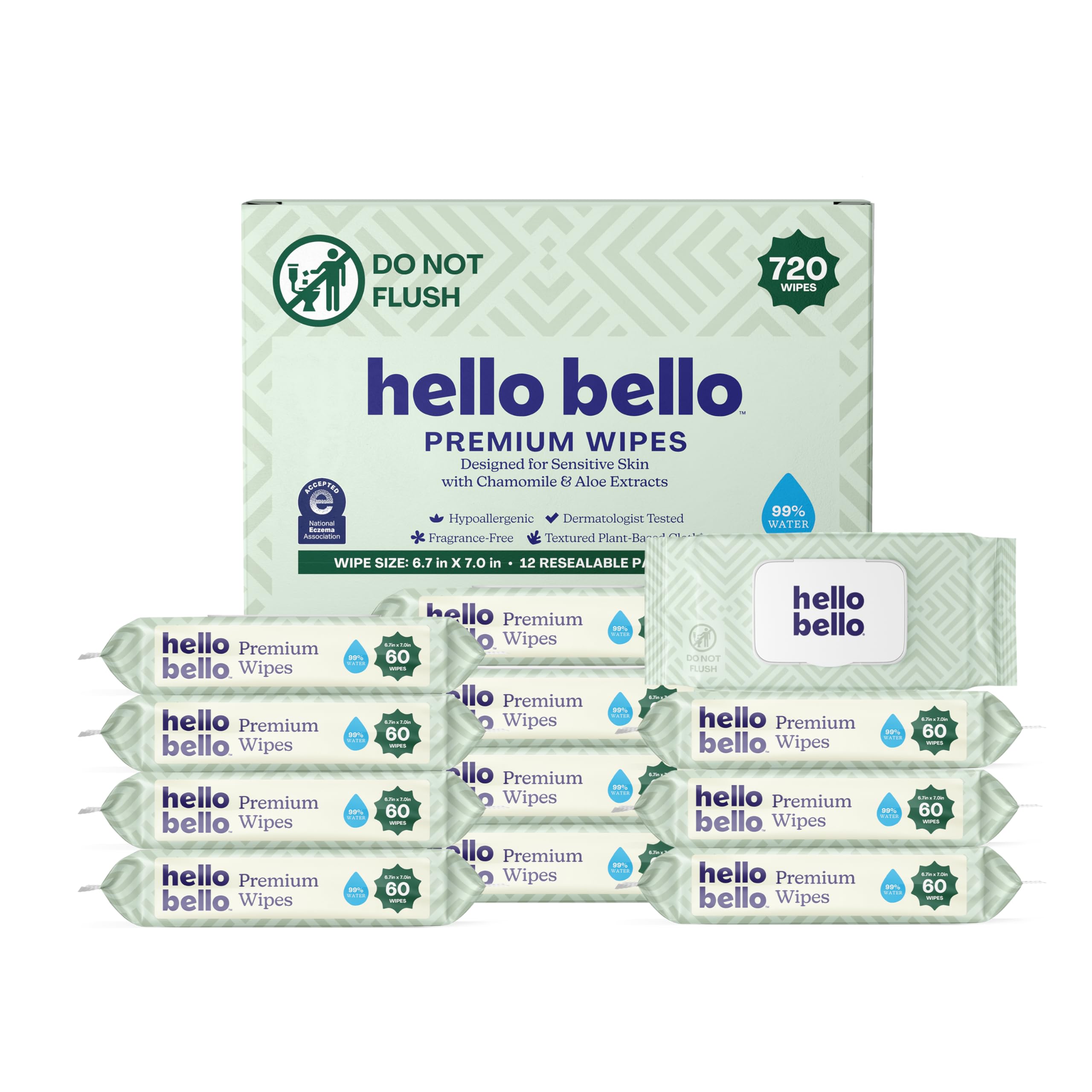 Hello Bello Premium Wipes, Designed for Sensitive Skin with Chamomile & Aloe Extracts, Simply Sage (12 Resealable Packets = 720 Total Wipes) Image