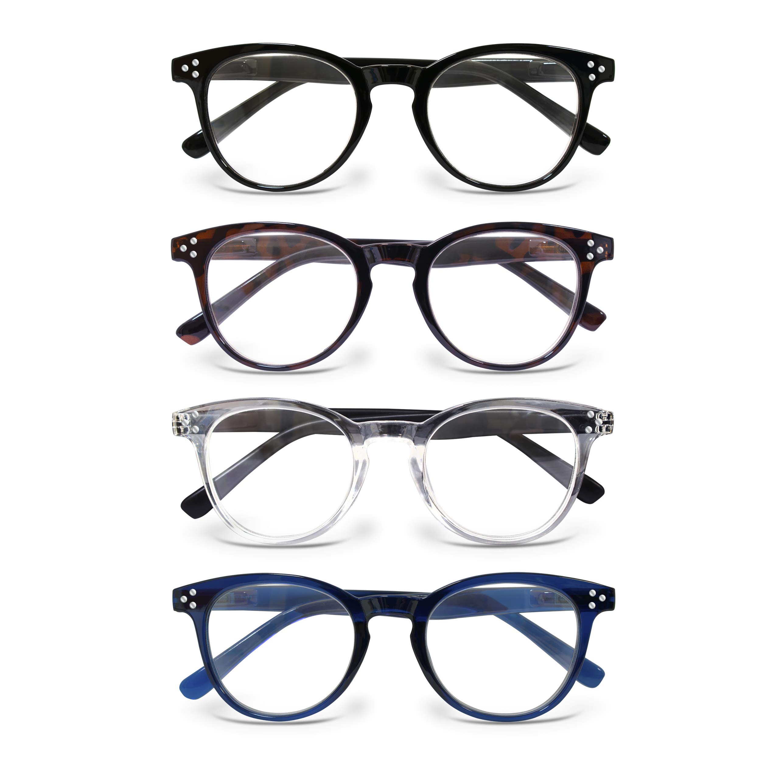 Betaview 4 Pack Retro Round Reading Glasses for Men and Women (+1.50) in Black, Tortoiseshell, Blue and Clear Frames | Lightweight Unisex Designer Style Readers with Spring Hinges