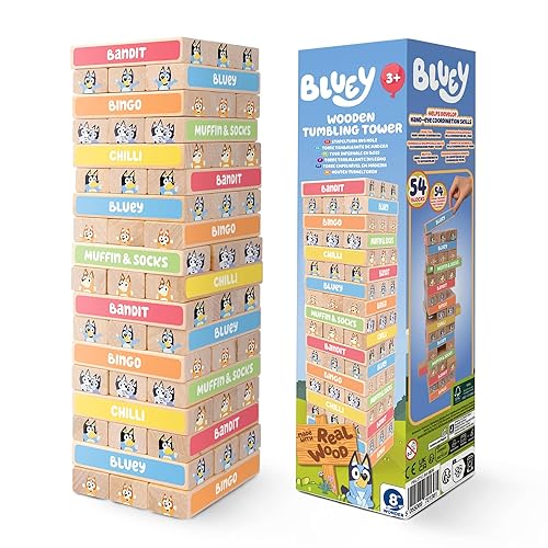 Bluey Tumbling Tower Game - 54 Colourful FSC-Certified Wooden Blocks, Hand-Eye Coordination & Motor Skills Family Game, Eco-Friendly Fun for Kids Aged 3+, Durable & Non-Toxic