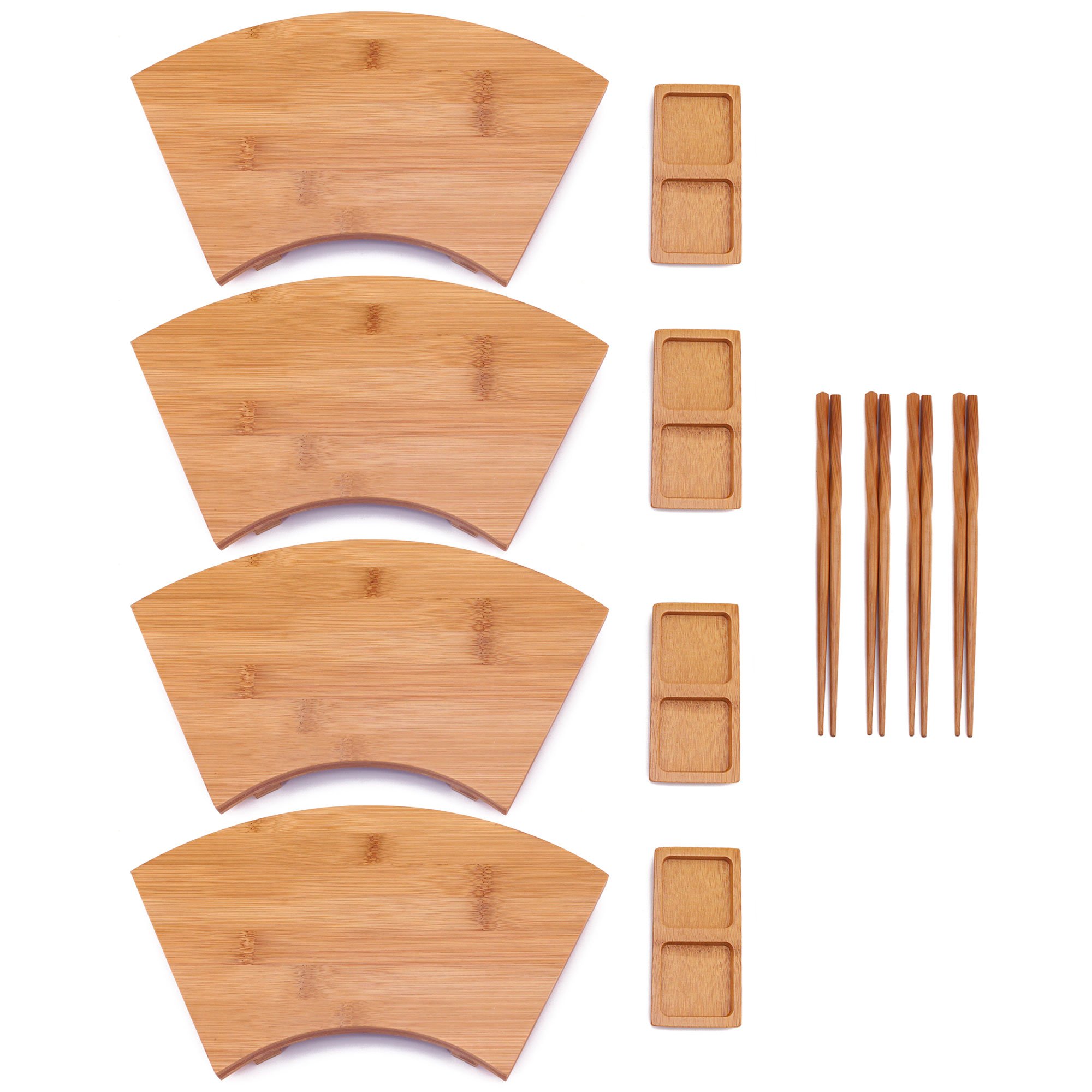 BambooMN Bamboo Sushi Plate/Tray, Chopsticks and Compartment Sauce Dish, 11.6" Fan - 4 Sets