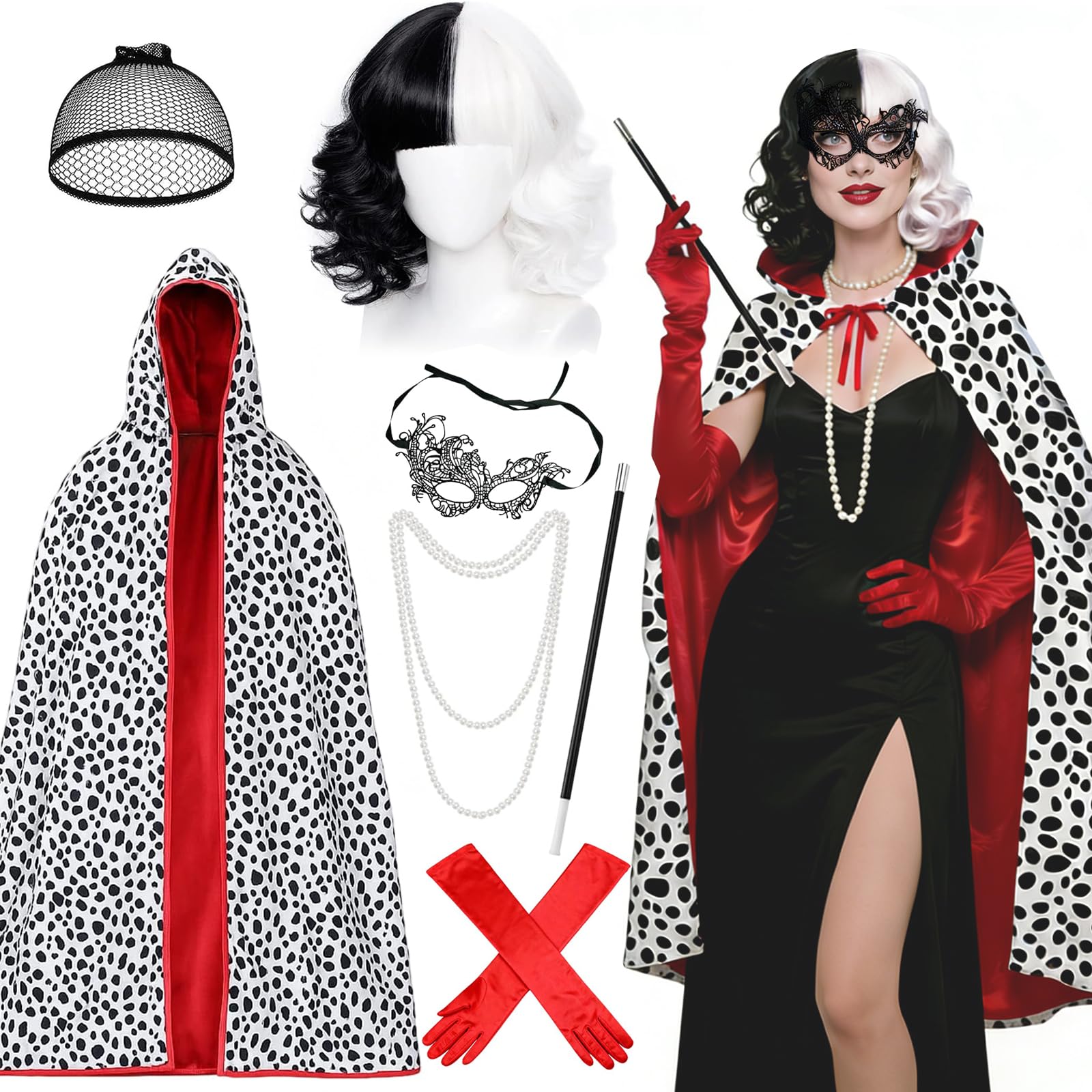 7Pcs Cruella Costume Accessories Set for Women, Villain Fancy Dress Kit with Black White Spotted Cape Wig Gloves Necklace Mask Hair Net Handheld Prop for Adults Carnival Halloween World Book Day