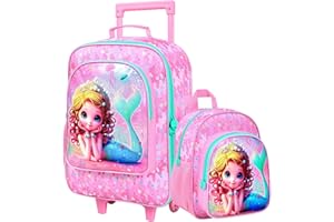 FTJCF 18" Kids Suitcase for Girls, 2Pcs Mermaid Carry on Luggage Set with Wheels, Cute Travel Rolling with 12" Toddler Backpack(Pink)