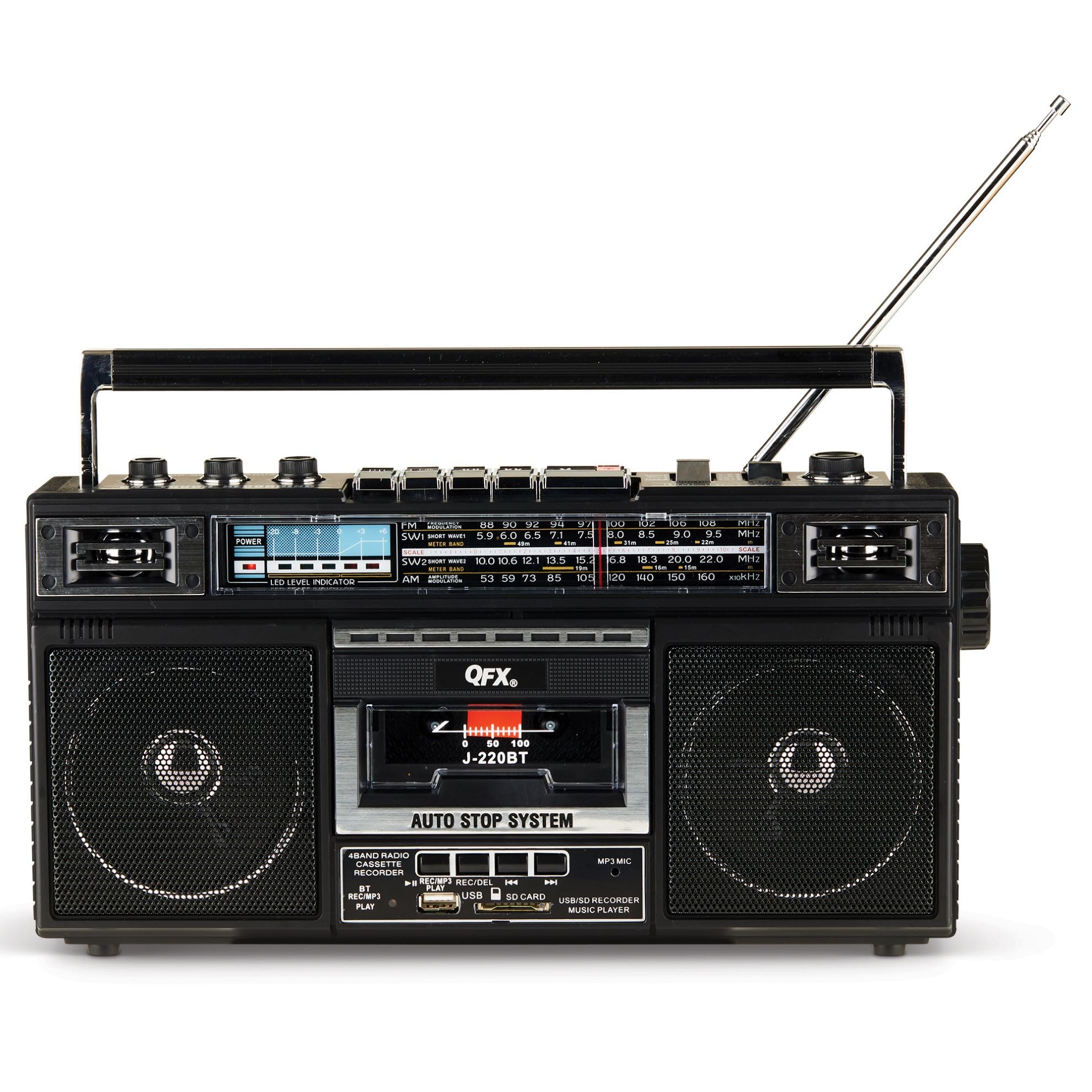 Photo 1 of QFX J-220BT Boombox MP3 Conversion from Radio to Cassette with 4-Band (AM, FM, SW1, SW2) Radio with Bluetooth, Rechargeable Battery, Dual 3” Speakers, Built-in Microphone, Recorder, 3-Band Equalizer