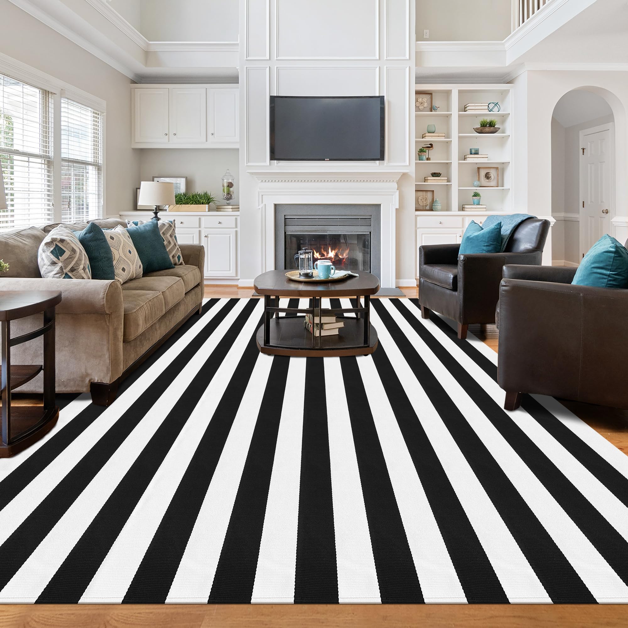 Aoczes Black and White Striped Rug 8x10 Feet Cotton Woven Rug Reversible Retro Farmhouse Striped Outdoor Rug Washable Indoor Outdoor Area Rug for Living Room Bedroom Dining Room Home Decor Carpets Image